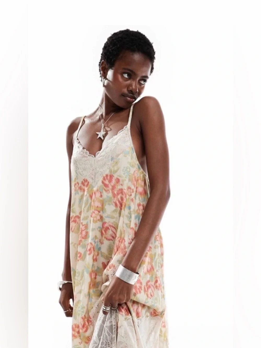 FREE PEOPLE‎ First Date Slip Dress Floral Lace Satin Cream S